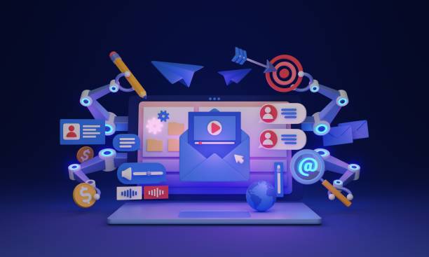 Marketing automation as ad tech social media software 3D illustration concept. Creating post content and publishing effective story using AI technology. Effective artificial intelligence internet tool