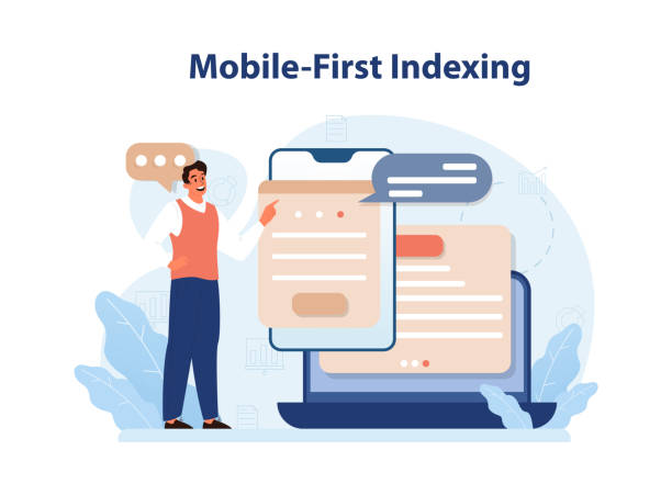 Mobile-first indexing. Website smartphone version development. Search engine optimization primarily with phone screen version. Flat vector illustration